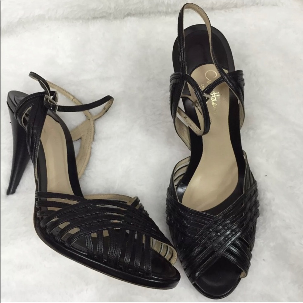 Cole Haan Black Peep Toe Heels Leather Size 9.5 B